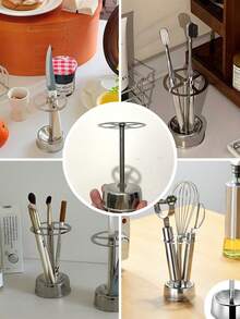 Organizador de acero inoxidable de uso múltiple para brochas de maquillaje, cepillos de dientes y artículos de papelería - Estantería de almacenamiento independiente para el baño