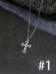 Gothic Style Cross & Star Studded Stainless Steel Necklace, Unisex - Silver - View 7