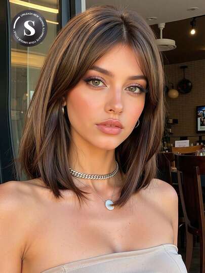 Perruque synthétique tissée à la machine de 14 pouces de longueur, avec frange, de couleur brun café. Perruque naturelle pour femmes, pour usage quotidien, fête, jeu de rôle. Accessoire pour femmes, cadeau de remise de diplôme, cadeau pour fille, perruque d'Halloween, cadeau d'Halloween