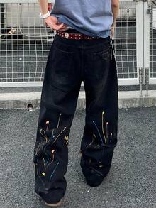 1件美式街头风男士手绘做旧破洞阔腿牛仔裤，舒适百搭的街头休闲裤（不含腰带和配饰） - 黑色 - 查看 2