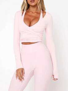 粉色瑜伽健身弹力柔软系带V领裹身长袖短款紧身T恤，时尚简约休闲优雅女装必备单品，春秋季 - 粉色 - 查看 1