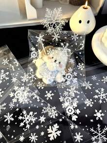 100个/50个装圣诞糖果零食袋，雪花图案玻璃纸袋 - 雪花图案自粘玻璃纸礼品袋，适用于节日派对用品、糖果、烘焙用品、珠宝和小礼物，圣诞礼物包装袋，带有节日雪花图案的礼品包装袋，珠宝收纳袋，透明可视袋，耐用塑料袋 - 彩色 - 查看 3