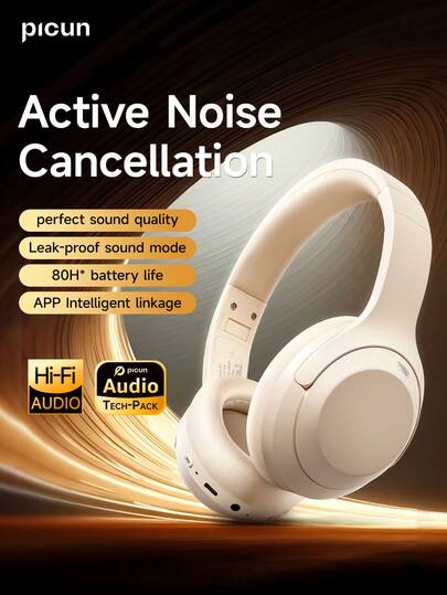Picun F1 Wireless Over-Ear Headphones ANC Noise Cancelling 80H Playtime Foldable Lightweight With Mic For Travel Work