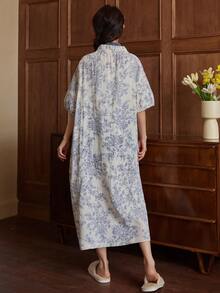 Women's Plus Size Floral Kimono Robe - Sweet Cartoon Print, Loose Summer Nightgown, V-Neck, Short Sleeve, Tie Detail, Lightweight Polyester, Suitable For Casual Home Wear - Blue - View 2