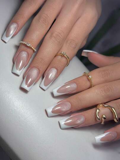 24 片猫眼按压指甲法式按压指甲长方形装饰简约风格表面光泽设计全覆盖假指甲适合女士和女孩日常佩戴