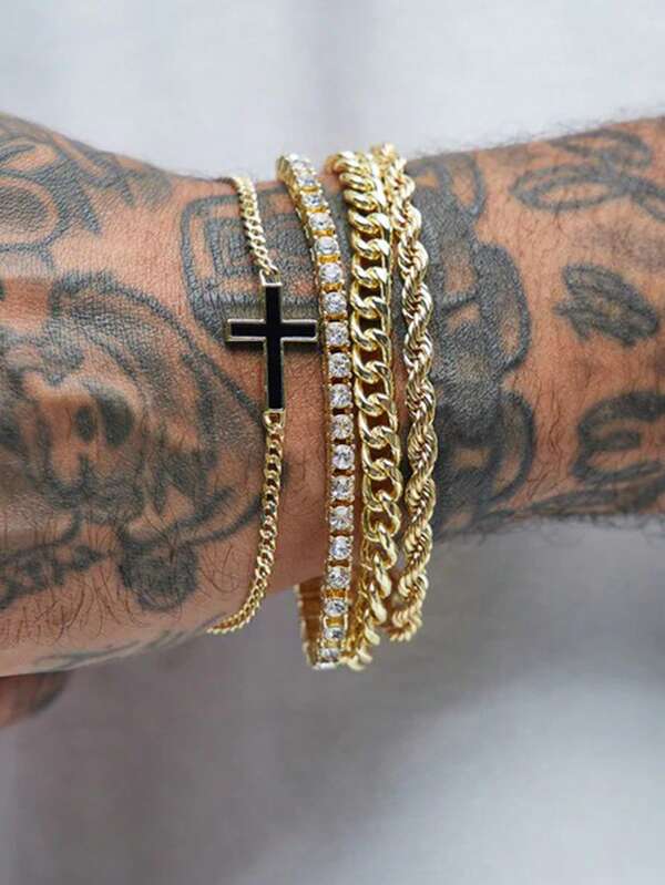 17KM Set di 4 braccialetti minimalisti punk hip hop con catena e zirconi cubici, regalo di coppia per vacanze, stile neutro adatto per uso quotidiano, adatto per fidanzato/amico