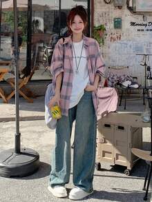 Pink Plaid Long Sleeve Shirt, Casual Loose Fit Suitable For Early Autumn Spring - Pink - View 4
