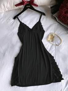 3-Piece Set Of Women's Solid Color Lace Pajamas, Lace Panel, Side Slit Skirt, Sexy Lace Home Sleepwear - 混合色 - 查看 8