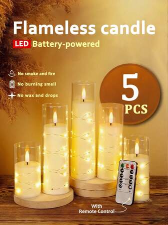 5支闪烁无焰蜡烛，带星形串灯，电池供电，内置LED灯串，不易碎亚克力材质，带遥控器，无异味许愿蜡烛，适合作为桌面装饰摆设，适用于圣诞节、万圣节、情人节、婚礼、派对、节日氛围照明。
