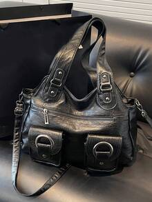 大容量纯色女士单肩包，时尚女士手提包，空间宽敞，可个性化定制单肩斜挎包，适合日常使用、上学、外出、购物、送礼、旅行、通勤等场合。 - 黑色 - 查看 13