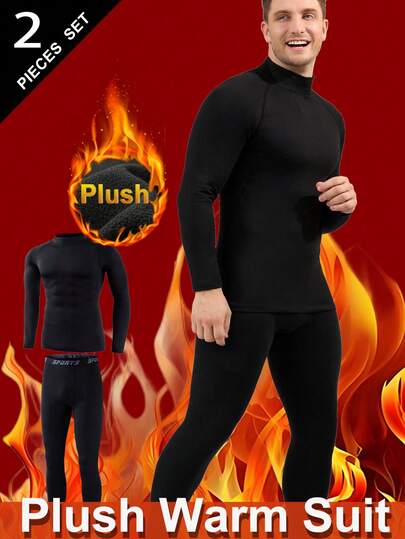 Men's Outdoor Thermal Underwear Set, Fleece Lined Thick Warm Base Layer Top And Bottom, Solid Color Long Sleeve Crew Neck Shirt And Pants, Suitable For Cold Weather Outdoor Activities Like Skiing In Autumn/Winter