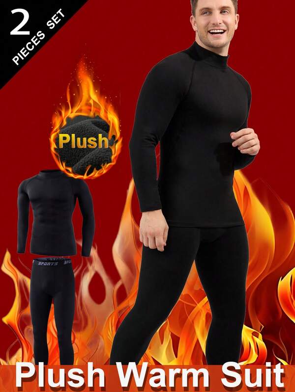 Men's Outdoor Thermal Underwear Set, Fleece Lined Thick Warm Base Layer Top And Bottom, Solid Color Long Sleeve Crew Neck Shirt And Pants, Suitable For Cold Weather Outdoor Activities Like Skiing In Autumn/Winter
