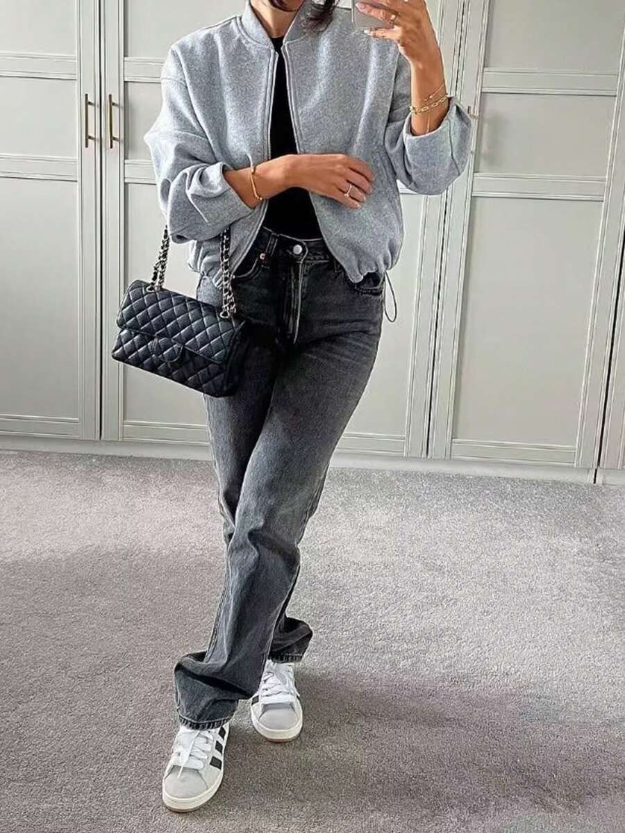 女士休闲长袖柔软飞行员夹克，欧美风格，秋冬 - 灰色 - 查看 1