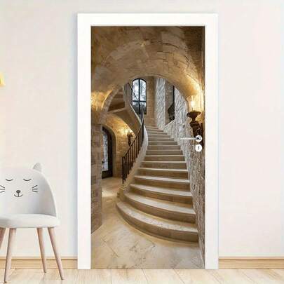 1 set/2 pezzi Adesivo da parete per porta, cartellone con scalini curvi in pietra in un maestoso corridoio, adatto per decorazione parete camera da letto, adesivo da parete moderno, adesivo per porta arte astratta, adesivo per porta rimovibile