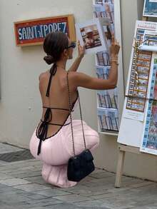 FOR BEAUTY 春夏新款收腰性感露背吊带针织连衣裙，女士海滩度假波西米亚音乐节优雅粉色连衣裙，新年情人节海滩装扮针织连衣裙