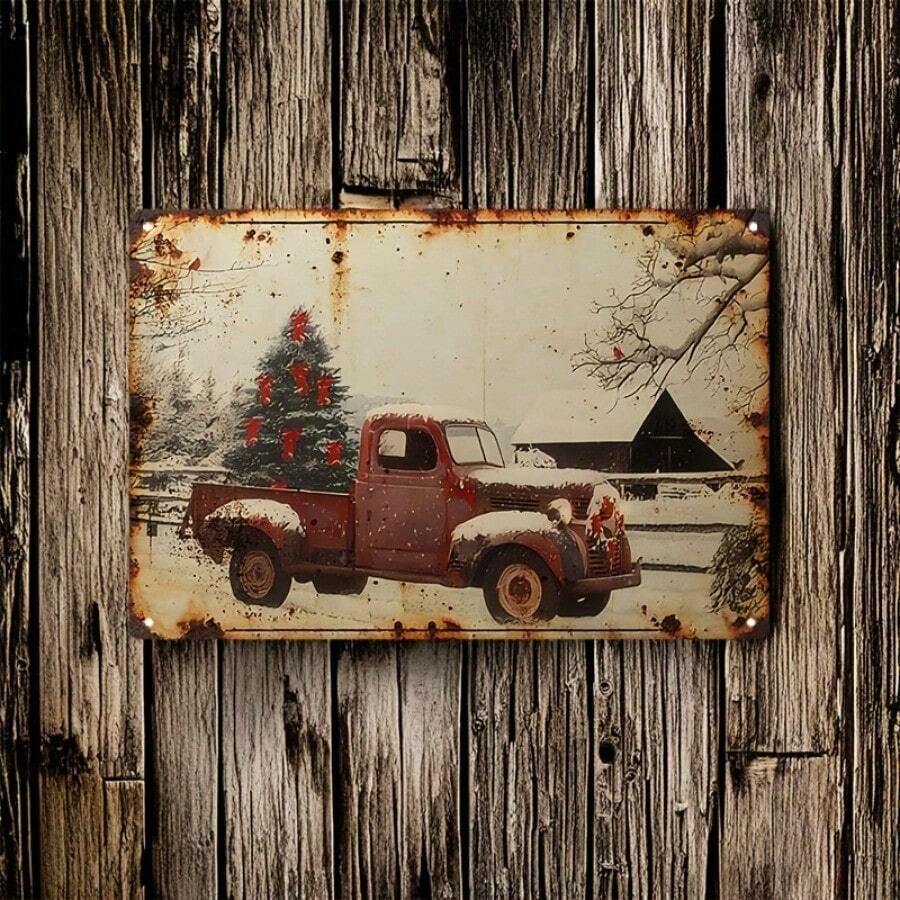 8x12 Inch Vintage Red Truck With Christmas Tree Metal Sign - Perfect For Holiday And Room Decor, Unique Party Gift Idea, Ideal For Room Decoration Home Decor Christmas Decorations