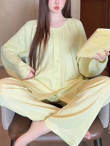 2pcs Yellow Plaid Minimalist Women Sleepwear Set, Solid Color Mandarin Collar Button Down Long Sleeve Top & Pants Pajama, Cozy Outfit, Fall Winter Clothes