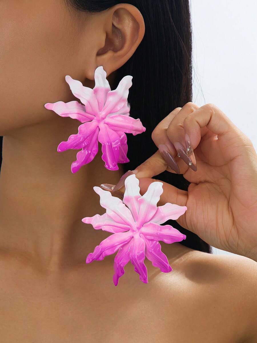 1 对经典珐琅花女士耳环，时尚适合日常休闲穿着、节日派对 - 紅色 - 查看 1