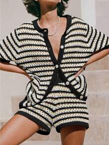 Women's Boho Beach Vacation Set, Crochet Knit Cover Up With Striped Button Shirt, Summer Short Sleeve - 黑色 - 查看 1