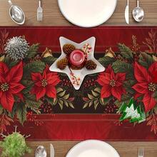 Christmas Poinsettia Table Runner - Knit Fabric Rectangular Holiday Table Decor, Festive Floral Design For Indoor & Outdoor Christmas Party Decorations