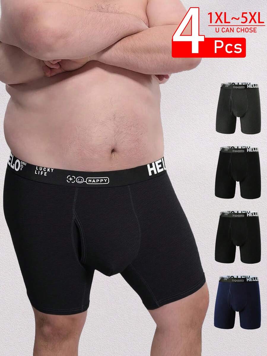 4pcs Men's Boxer Briefs With Open Fly & Extended Trouser Legs, With Lettered Waistband, Long Boxer Shorts, Multi-Color Options For Hiking & Outdoor Activities, Hiking Gear | Open Fly Briefs | Breathable Fabric