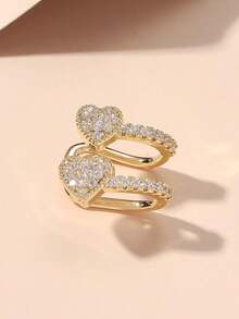 1pc Fashionable Double Zirconia Heart Design Simplistic Clip-On Earrings For Women, Copper Jewelry - 黃金 - 查看 4