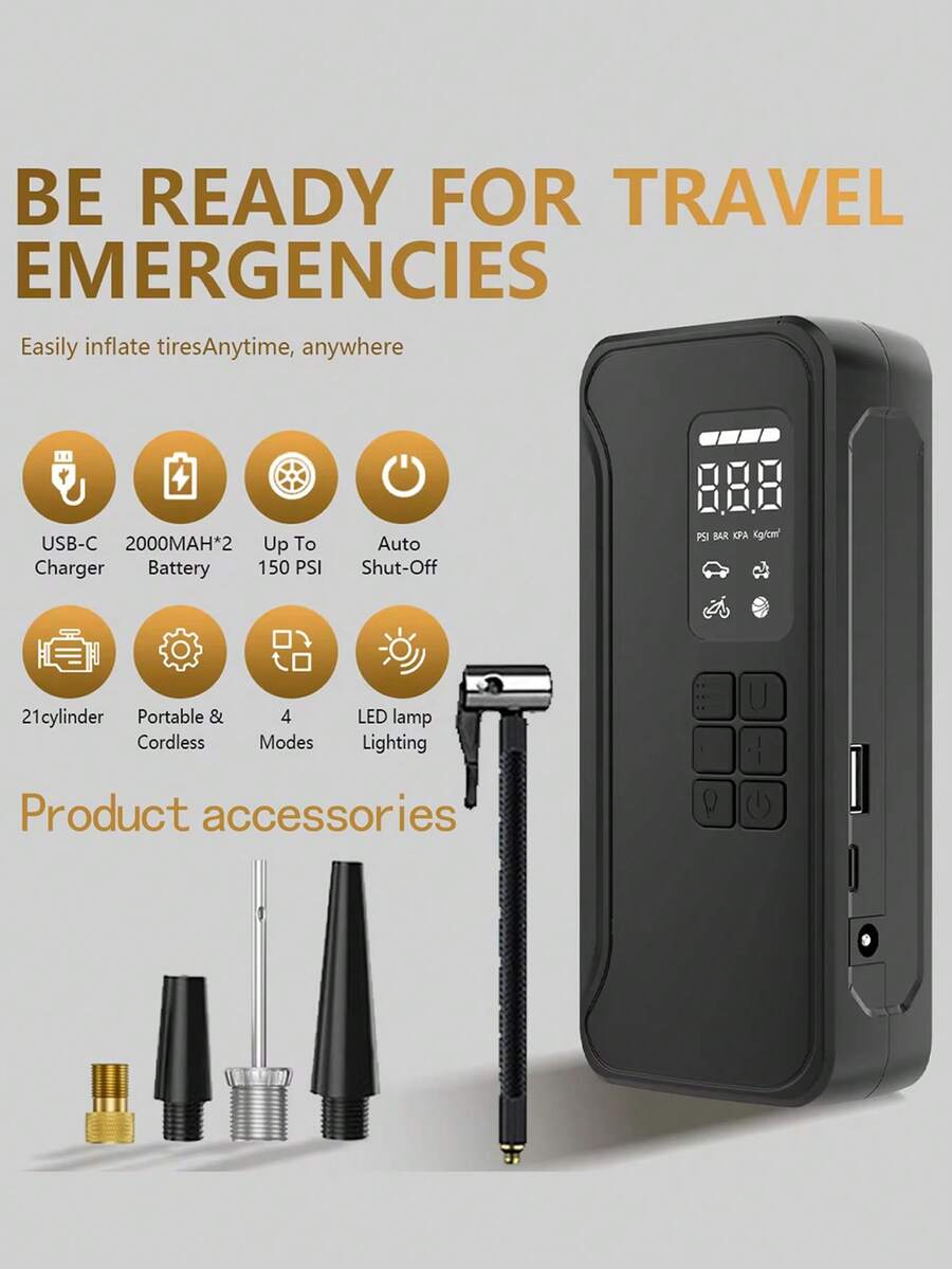 1pc 150 PSI Portable Air Compressor For Car Tires, Fast Inflation, Large Capacity Rechargeable Battery, Digital Pressure Gauge With LED Light, Convenient To Use, Longer Lifespan, Wireless Car Air Inflator With 5 Accessories, Suitable For Cars, Bicycles, Motorcycles And Sports Balls