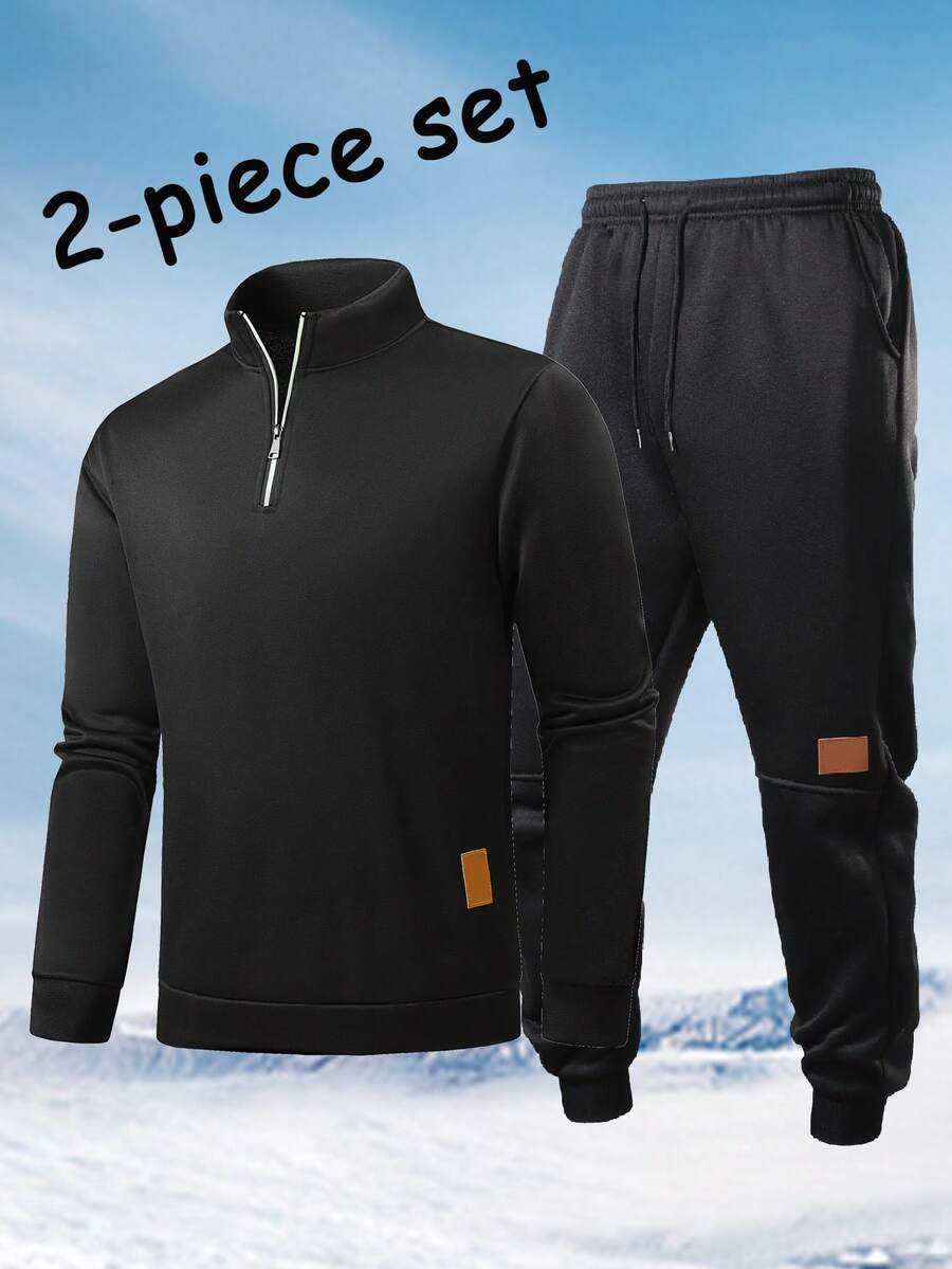 Herren Fleece gefütterter Freizeitanzug, Hoodie mit Reißverschluss und Kordelzug Jogginghose 2 Stücke Set, geeignet für Laufen und Workout, Herbst/Winter