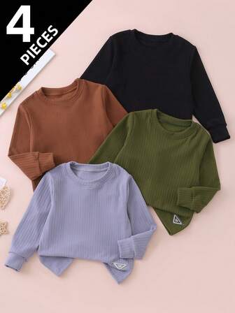 4 piezas Camisetas de manga larga para niños, capa base gruesa para otoño/primavera para niños y niñas, talla para edades de 4 a 12 años