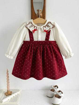 Autumn Baby Girl Cute Bear Collar Polka Dot Suspender 2 In 1 Dress