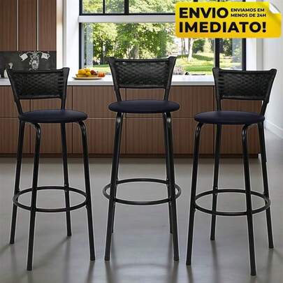 WT STORE Kit 3 Banqueta Alta Cozinha Balcão Bar Area Gourmet de Junco Banco Fibra Sintetica