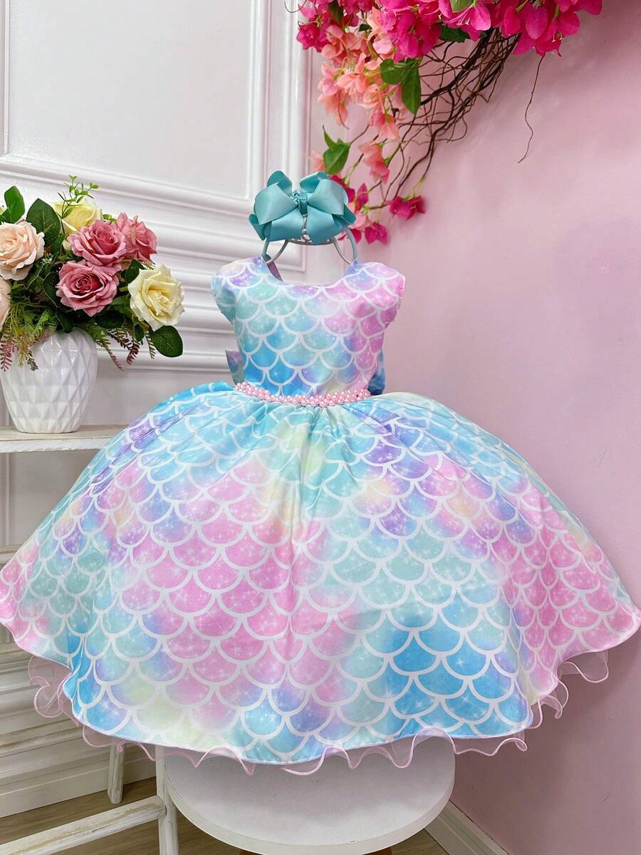 Vestido Infantil Fundo do Mar Escamas Sereia Luxo Festas - Azul - Visão 1