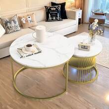 Juego de 2 mesas de centro nido, diseño de mármol, aglomerado, estructura de metal, mesa auxiliar para balcón, mesa de salón, redonda, dorada