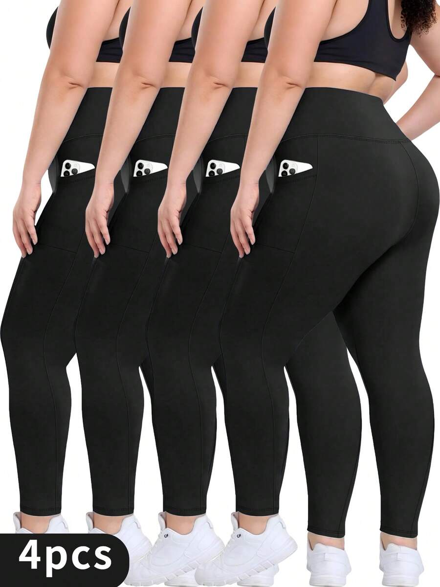 4-Pack Plus Size High Waisted Yoga Pants With Pockets - Tummy Control Workout Tights, Buttery Soft & Squat Proof | Perfect For Summer Outfits For Women, Vacation Wear & Spring Outings - 4 cái (màu đen) - Xem 1