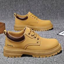 Sapatos de Couro Outono Masculino, Oxford de Sola Grossa Retrô Preto, Botas de Trabalho Externo, Botas de Cano Baixo, Estilo Britânico