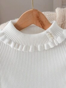 Girls' Turtleneck Long Sleeve Sweater, Casual Pearl Knit Undershirt - White - View 3