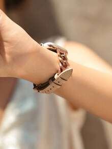 1pc Women's Latte Color Elegant Genuine Leather Chain Strap, Fits 38/40/41/42/44/45/49/46mm Ultra2/Ultra/SE/10/9/8/7/6/5/4/3/2/1 Stainless Steel Band