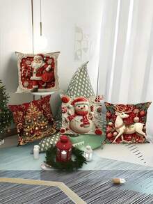 1/2/4Pcs Christmas Throw Pillow Covers Single-Sided Print - Santa, Reindeer, Snowman, And Tree Designs - Throw Pillow Covers - With Hidden Zipper Closure - Machine Washable - For Living Room And Office Decor - Multicolor - View 5