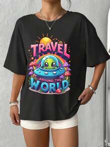 T Shirts Women Hot UFO Travel Around The Sorld Print Tops Women Oversize Loose Tees Love Soft Cosy Slim Clothes 2024 Fashion_2562_t1 - 黑色 - 查看 3