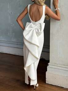 Đầm dạ hội lãng mạn thanh lịch cho kỳ nghỉ lễ, đầm dự tiệc Giáng sinh, đầm dự tiệc hở lưng gợi cảm đính ngọc trai giả và nơ cho nữ màu trắng mùa hè - trắng - Xem 7