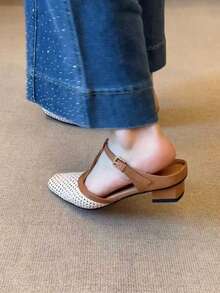 Classic Retro Solid Color Buckle PU Leather Slip-On Flats, Suitable For Beach, Wedding, Party, Office, Indoor & Outdoor, Spring/Summer