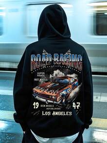 青少年男孩宽松加大码长袖运动衫复古赛车和字母印花休闲图案连帽衫套头衫超大号连帽衫