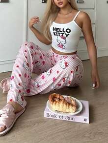 Sanrio 【奇幻世界】Hello Kitty印花女士吊带露脐上衣+弹力腰直筒裤睡衣套装（2件套） - 白色 - 查看 8
