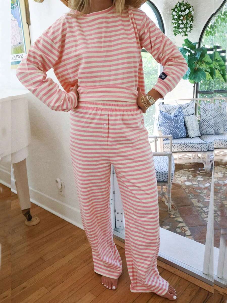 Awevudst Women's 2 Piece Outfit Set Long Sleeve Loose Striped Print Pullover Sweatshirt T-Shirt Top + Wide Leg Pants Set Sweatsuit Tracksuit - Hồng - Xem 1