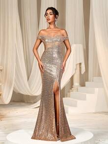 优雅露肩高开衩美人鱼晚礼服：精致的设计凸显了迷人的领口和轮廓，让您在任何正式场合都成为焦点——非常适合优雅的庆祝活动，包括奢华婚礼、盛大晚宴、慈善舞会、公司晚宴和享有盛誉的颁奖典礼。 - 香檳色 - 查看 6
