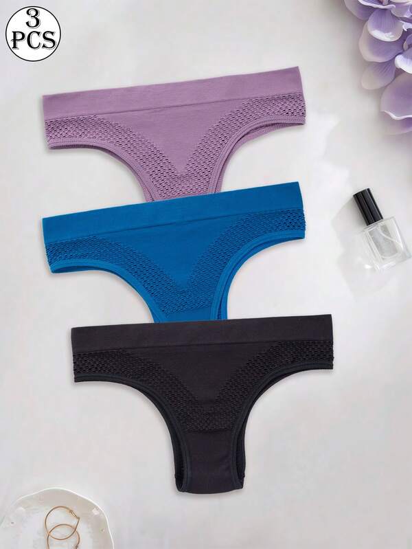 3pcs/Pack Minimalist Hollow Out Breathable Sexy Women's Thong Panties
