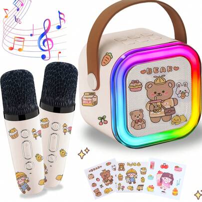 Portable Karaoke Machine With Wireless Microphone And LED Lights, Includes 3 Sticker Sets And Speakers For Smartphones, Perfect Birthday Gift For Boys And Girls Aged 6-12, Ideal For Parties And Family Gatherings