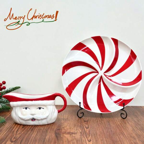 11.8-Inch Ceramic Snack Plate, Compartment Plate, Novelty Round Compartment Plate, Red, Decorative Plate, Fruit Plate, Kitchen Decor, Gathering, Party, Red Christmas Gift, Christmas Eve Gift