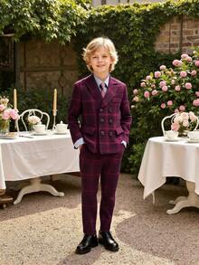 Boys' Plaid Gentleman Suit Set - Plaid Blazer + Pants + Tie, Suitable For Parties, Banquets, Dances And Other Occasions - Màu Đỏ Sâu - Xem 2