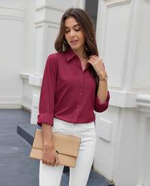 Button Down Shirts Women Dress Shirt Cotton Long Sleeve Collared Business Work Office Blouse Top (Note: Here, "Siliteelon" Is Assumed To Be A Brand Name So It Is Omitted, And Popular Word "" Is Added Optimization) - 酒紅色 - 查看 4